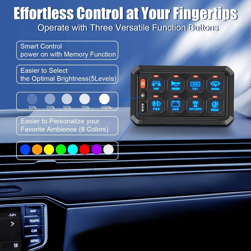 KISLED 8 Gang Switch Panel with RGB Button and Brightness Button for 5-Level Brightness Universal Automotive Circuit Control Relay Car Touch LED System Box, 2 Years Warranty - Image 2